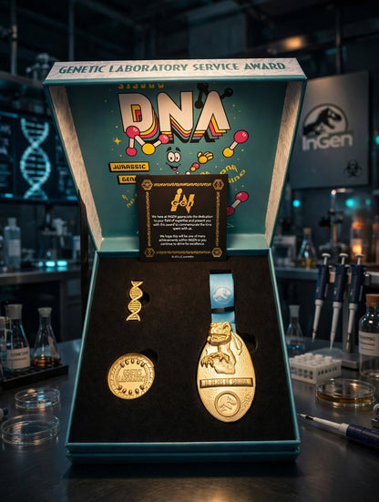 Jurassic Park Mr. DNA Geneticist Pin & Gold-Tone Medal Set 24 carat gold plated